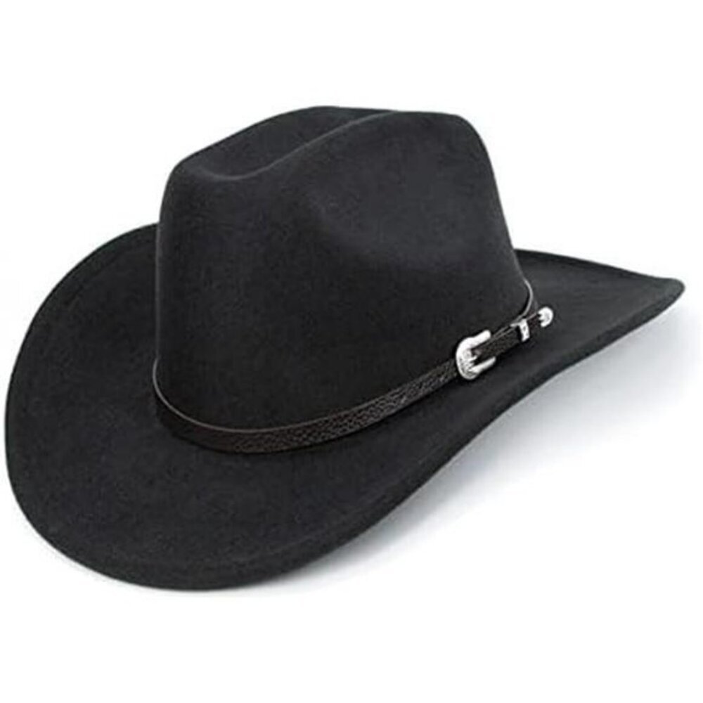 Western Cowboy Hat Black Fedora Roll Up Buckle Belt Unisex Costume Party Cap